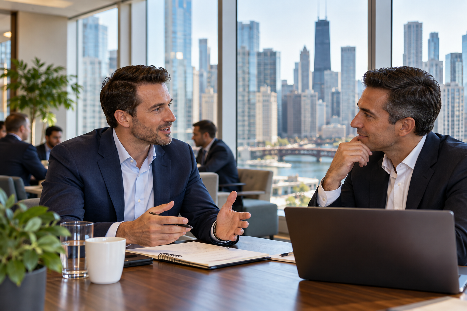 Diverse group of business colleagues engaging in a corporate meeting, analyzing data with a tablet and sharing ideas
